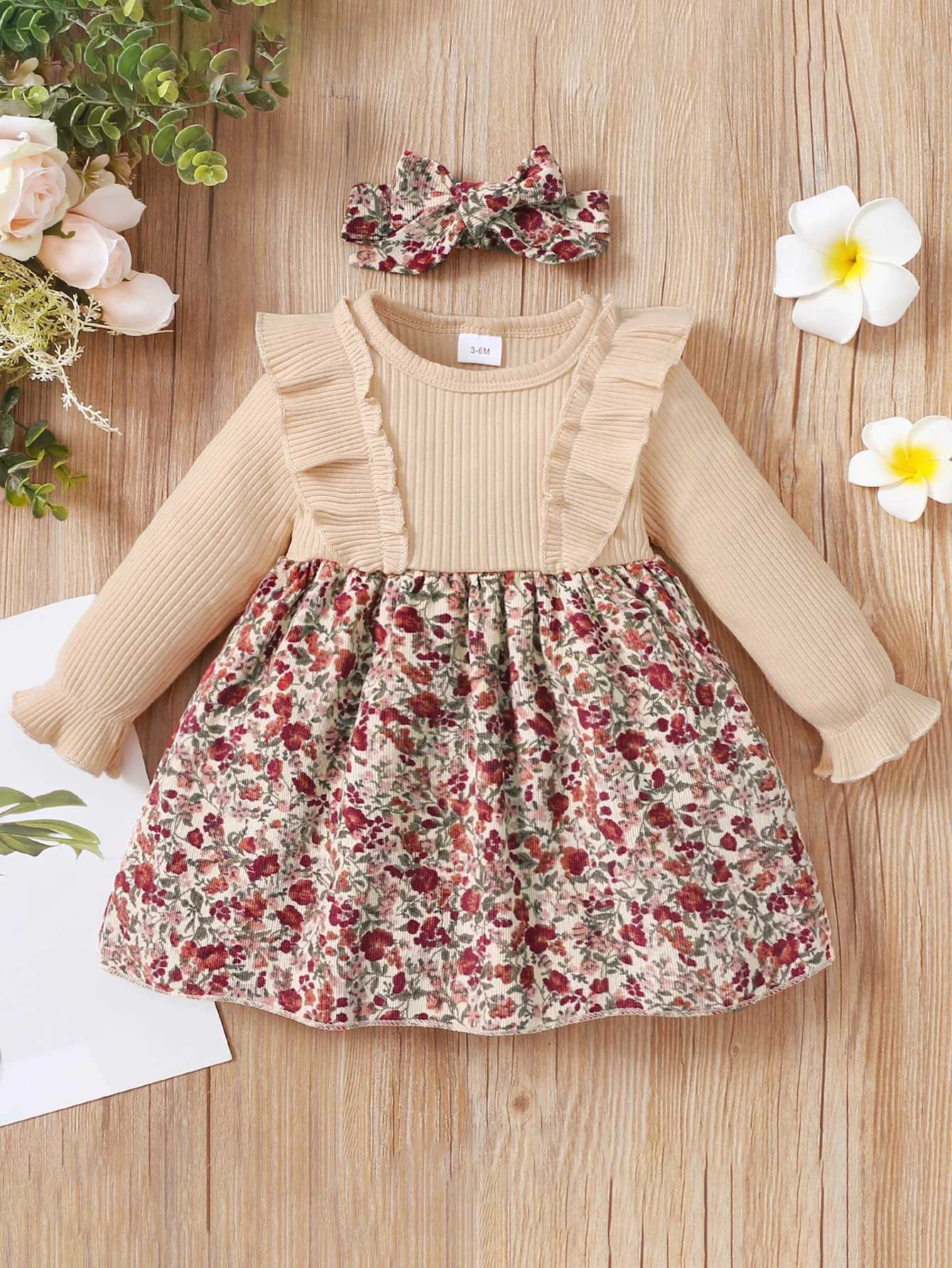 Autumn apricot pit stripe mosaic floral long-sleeved dress stylish and elegant party. X250220