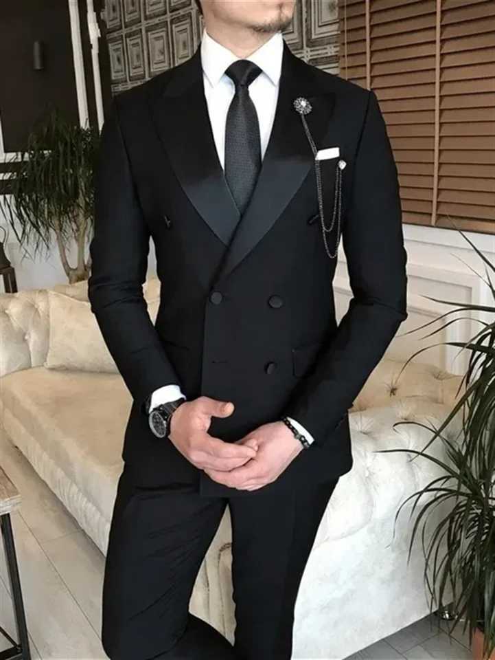 2 Pieces Black Suits for Men Peaked Lapel Double Breasted Custom Blazer Wedding Groom Tuxedos Prom Come Homme Jacket+Pants X250220