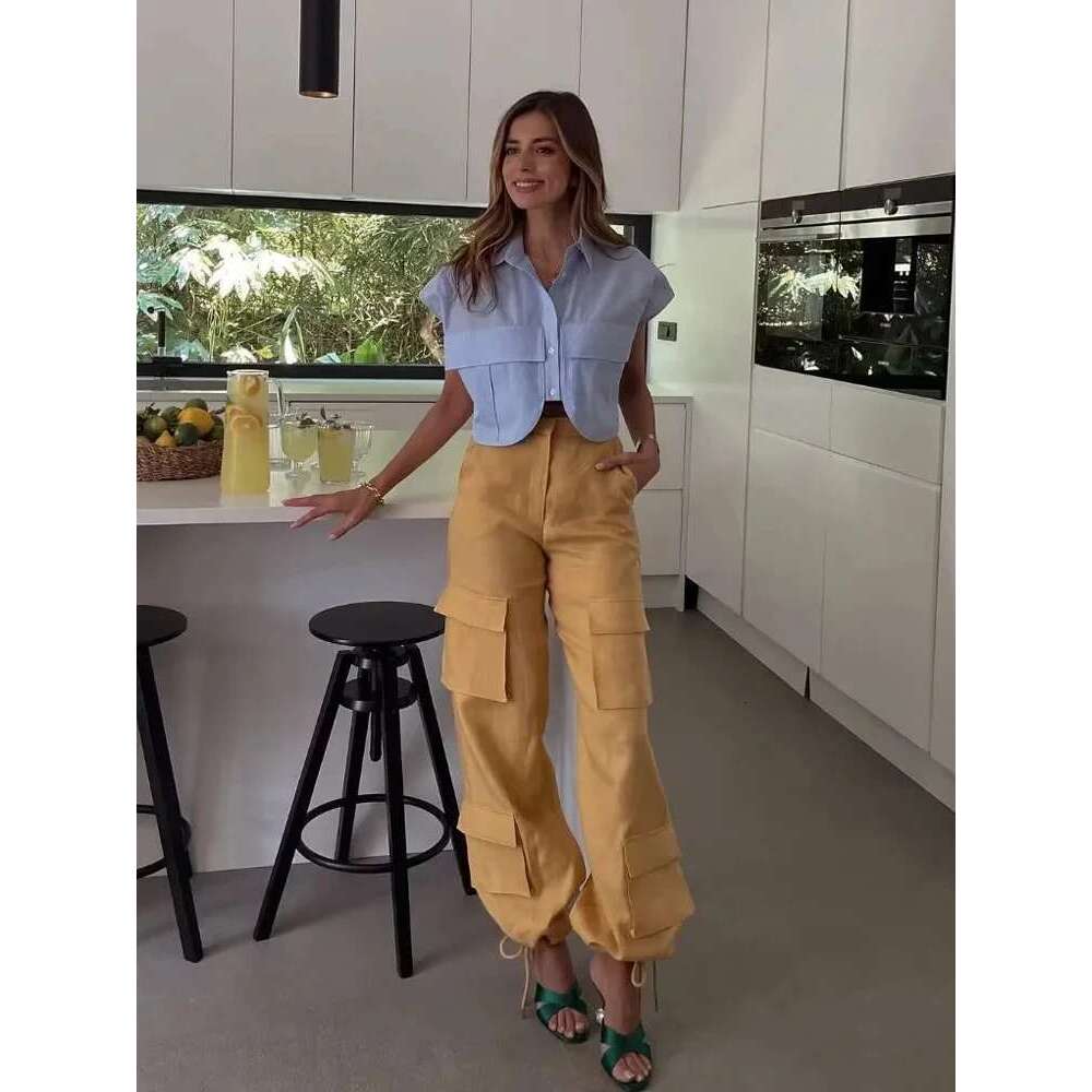 KAOPU ZA Stylish Pocket Trim Short Blouse Elegant Short Sleeveless Blouse Women's Solid Color Lapel Tank Top