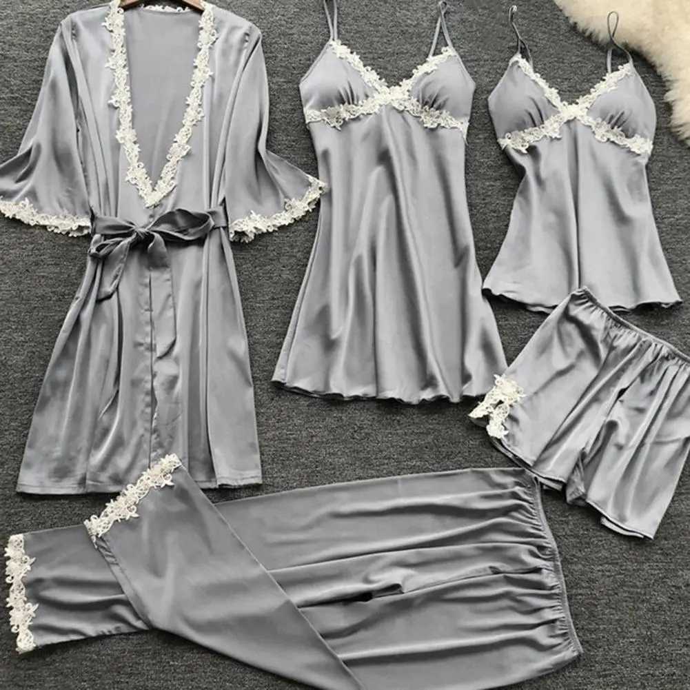 5 Pcs/Set Women Pajamas Suit Silky Satin Nightgown Nightdress Top Shorts Pants Set Lace Patchwork Lace-up Women Spwear SetXJ250220
