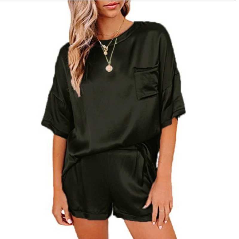 2PCS/Set 2024 Spring and Summer Women Pajamas O-neck Solid Soft Silation Silk Homewear Short-Sved Casual Ladies LoungewearXJ250220