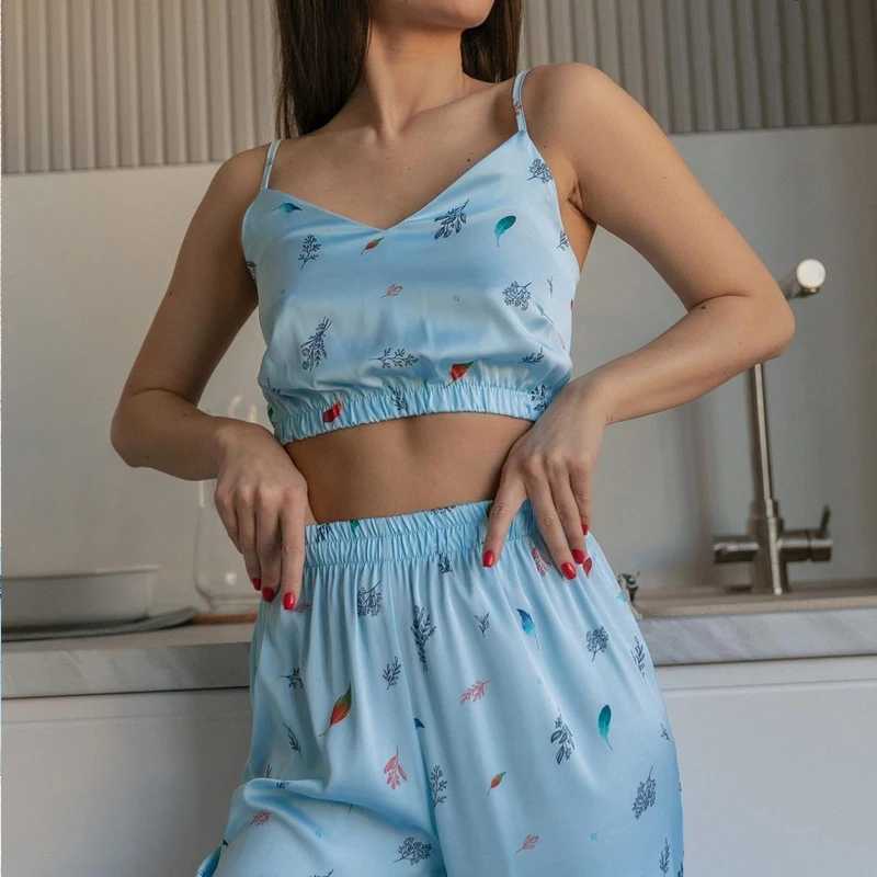 New Satin Silk Pajamas Set for Women Flower Print Spwear Sexy V-neck Sveless Top Nightwear Pijamas Home Clothes LoungewearXJ250220