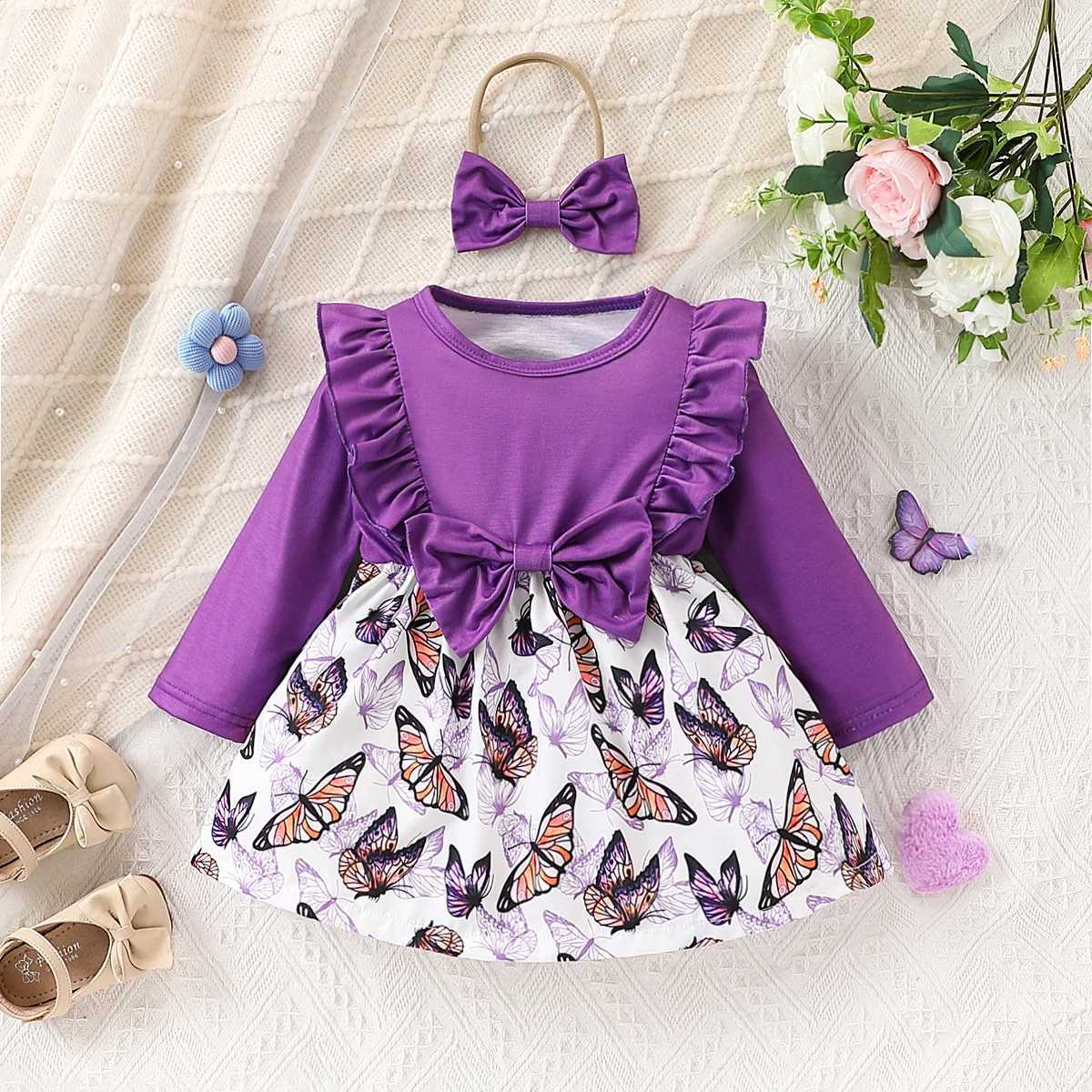 Baby Girl Fashion Casual Purple Knitted Fabric Splicing Butterfly Full Print Round Neck Long Sleeve Dress with Bow Decoration X250220