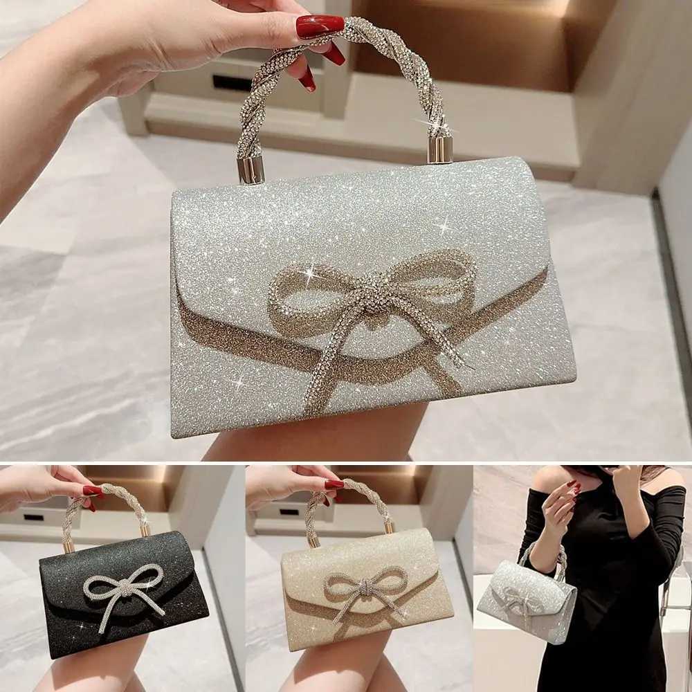 Elegant Rhinestone Bowknot Evening Bag Glitter Gold Silver Bow Chain Bag Handbags for Women Female Z250220