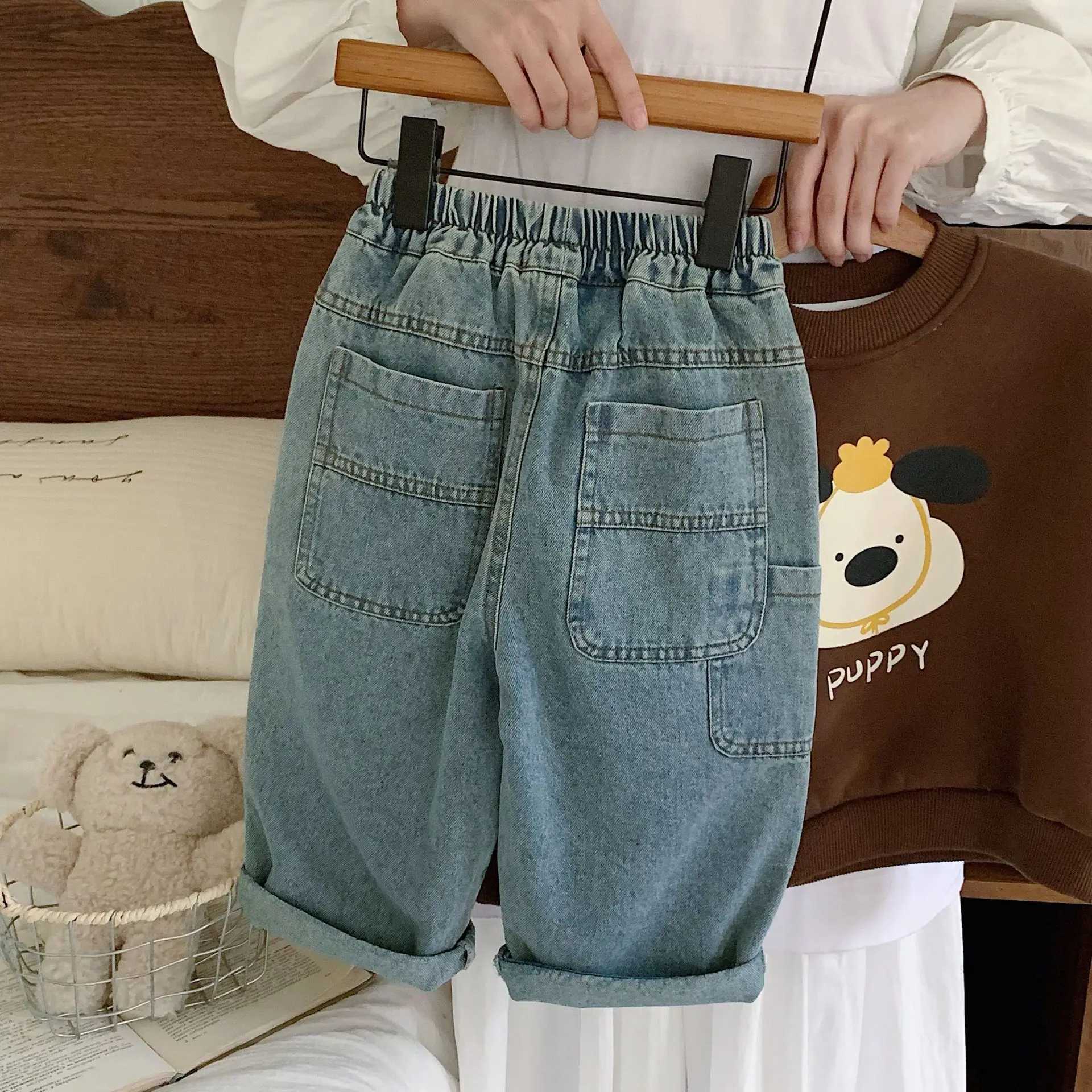 2025 Autumn Childrens Boys Jeans Multi Pocket Straight Leg Casual Pants For Baby Boys 2-8 Years Kids Boys Denim Trousers Z250220