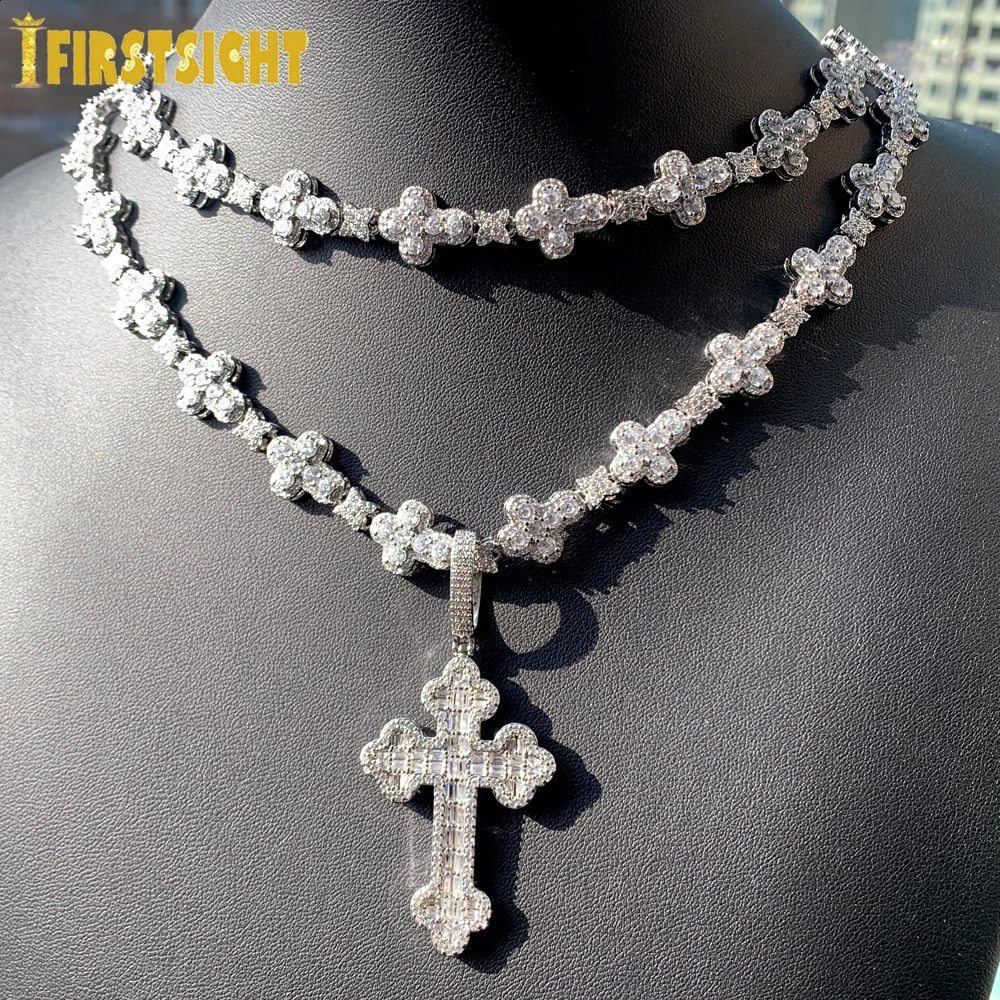 Iced Out Cross Necklace for Men Women Bling Silver Color Cubic Zirconia Charm Star Link Chain Hip Hop Jewelry 250220