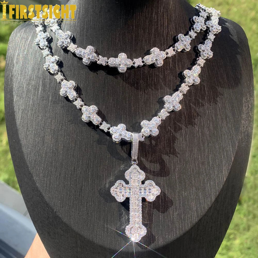 Iced Out Cross Necklace for Men Women Bling Silver Color Cubic Zirconia Charm Star Link Chain Hip Hop Jewelry 250220