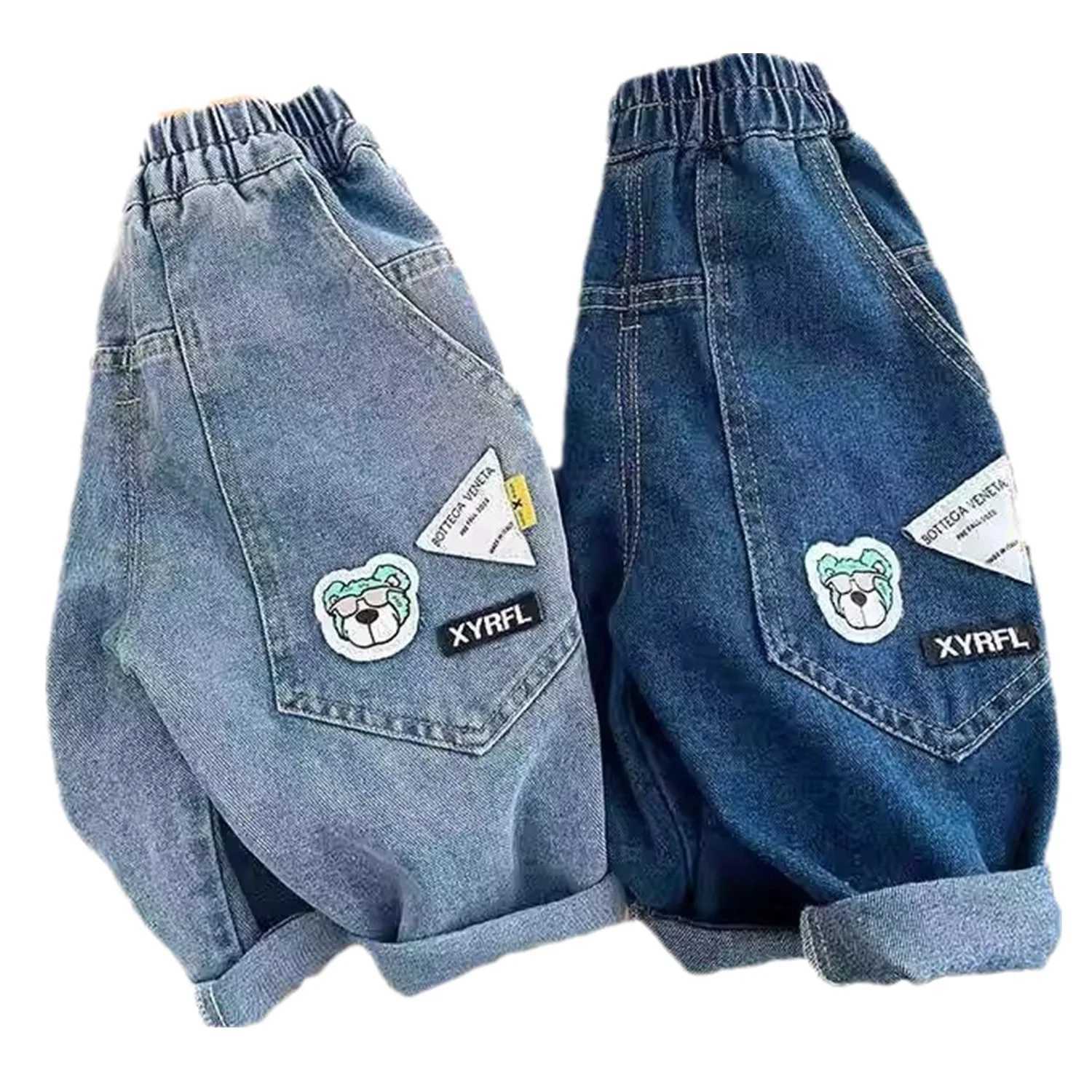 Autumn Little Boys Denim Pants Elastic Waist Bear Letter Sticker Kid Baby Boys Jeans Loose Ruched Children Boys Pants Z250220