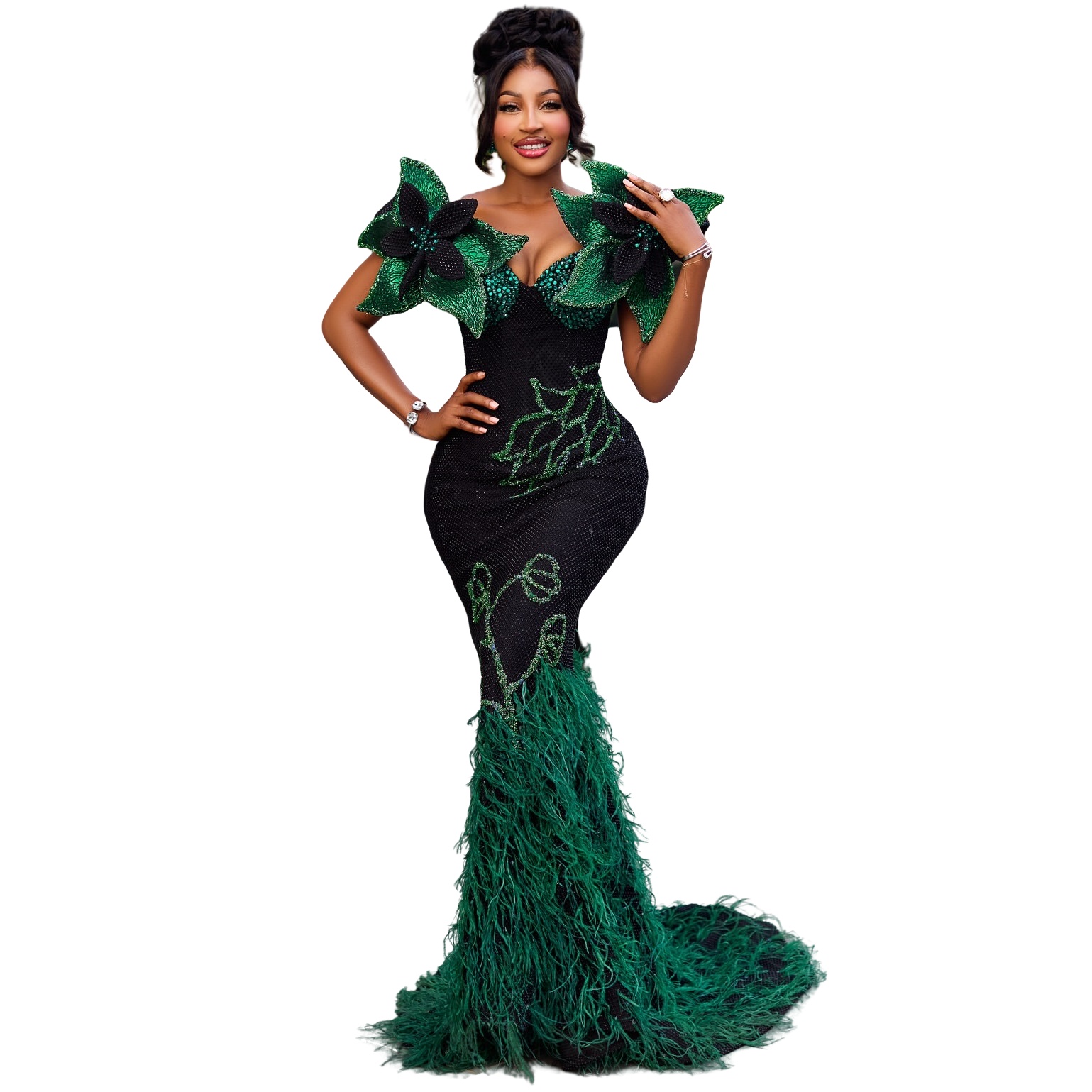 Dark Green Mermaid Prom Dresses 2025 Flowers Crystals Feather Evening Formal Party Second Birthday Engagement Gowns Plus Size Dress For Special Occasi