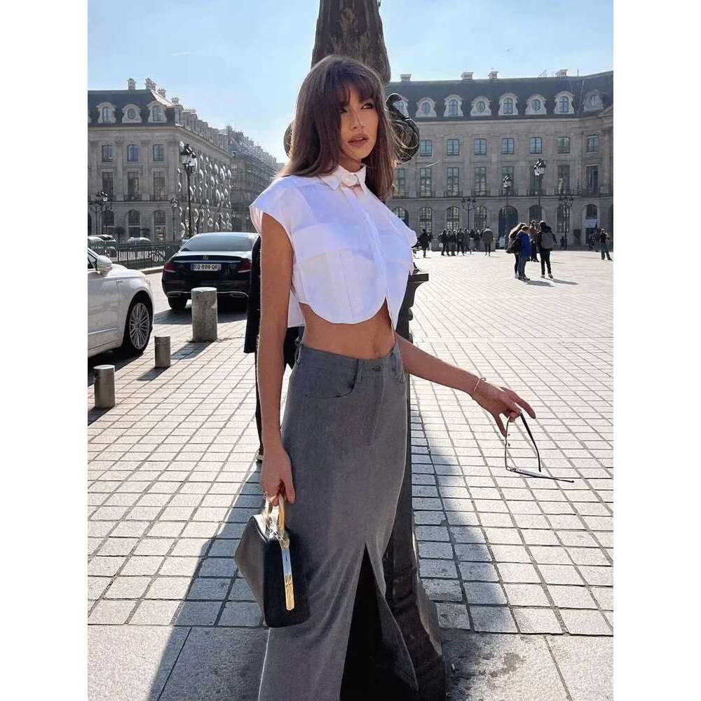 KAOPU ZA Stylish Pocket Trim Short Blouse Elegant Short Sleeveless Blouse Women's Solid Color Lapel Tank Top