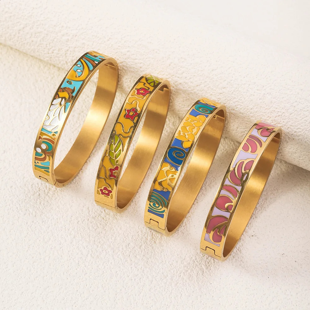 Vintage Stainless Steel Enamel Bracelet For Women Plated 18k Gold Color Open Fashion Jewelry Accessories 250220