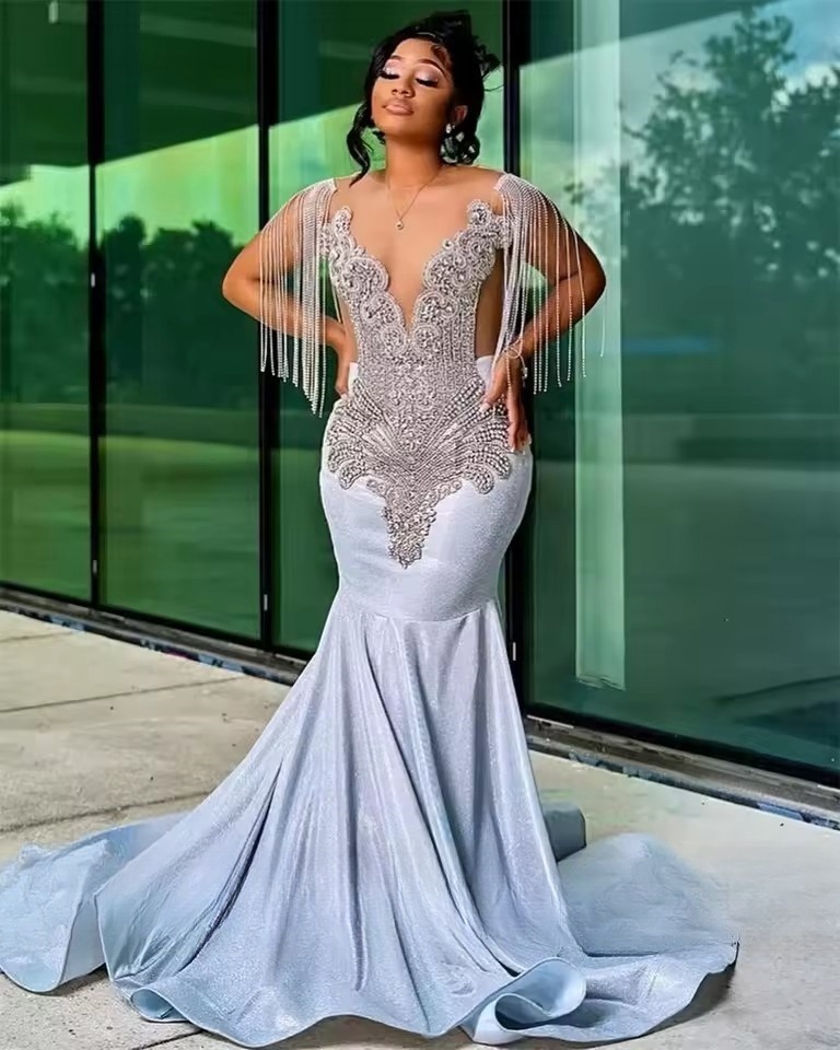 Customized Glitter Sier Long Prom Dresses 2025 Crystals Tassels Formal Birthday Party Evening Gowns