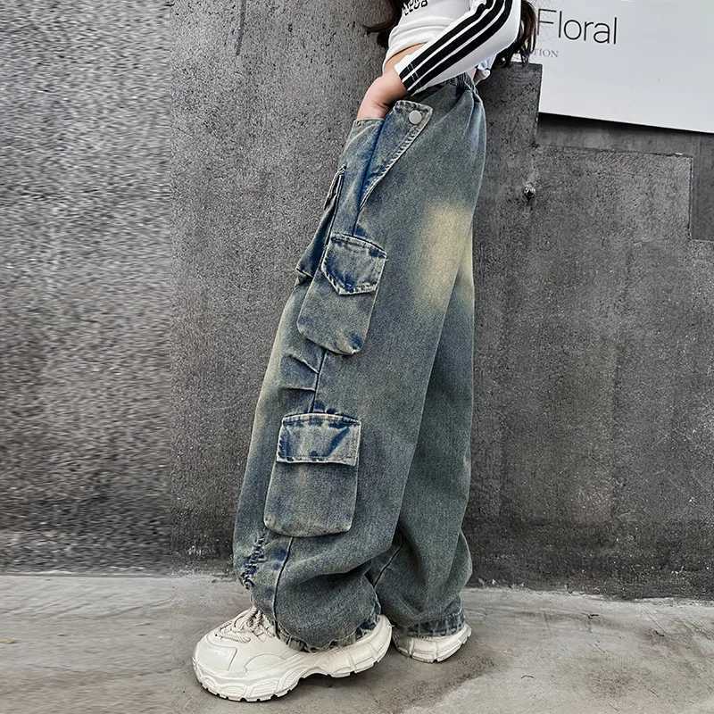 2024 Spring Cargo Jeans for Teenage Children Wide Leg Pants Girls Loose Casual Elastic Waist Design Streetwear Kids Trousers Z250220