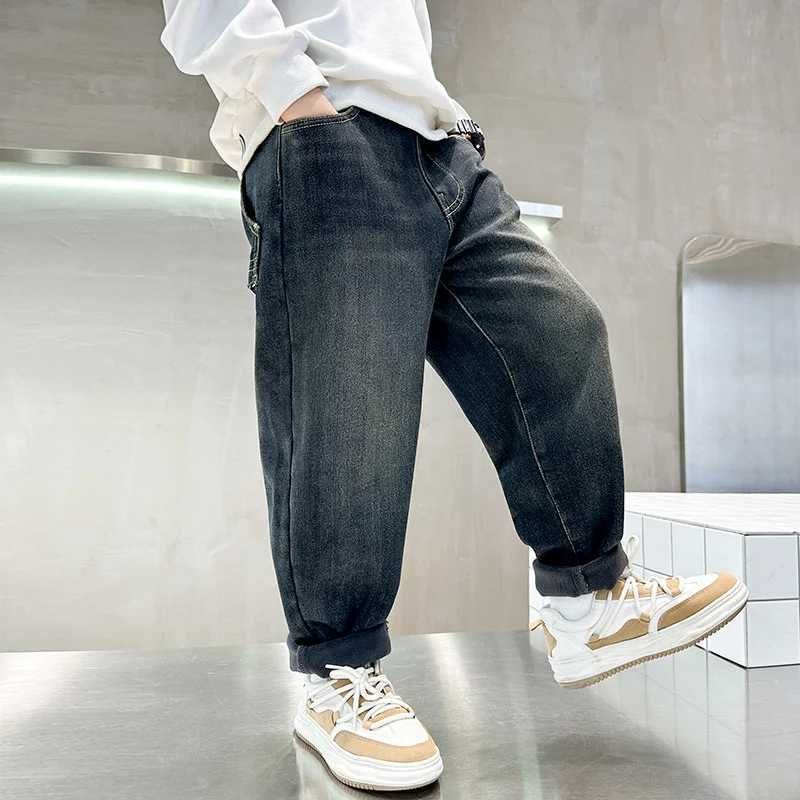 Retro Blue Child Warm Thermal Jeans For Boys Winter Insulate Desnim Pants Teenage Kids Casual Fleece Thermal Trousers Z250220