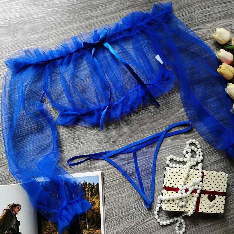 Sexy Lingerie Woman Erotic Pajamas Lace Lingerie Sex Clothes Babydoll Erotic Transparent Porn Blue Sexy Tops Thong Set LingerieXJ250220