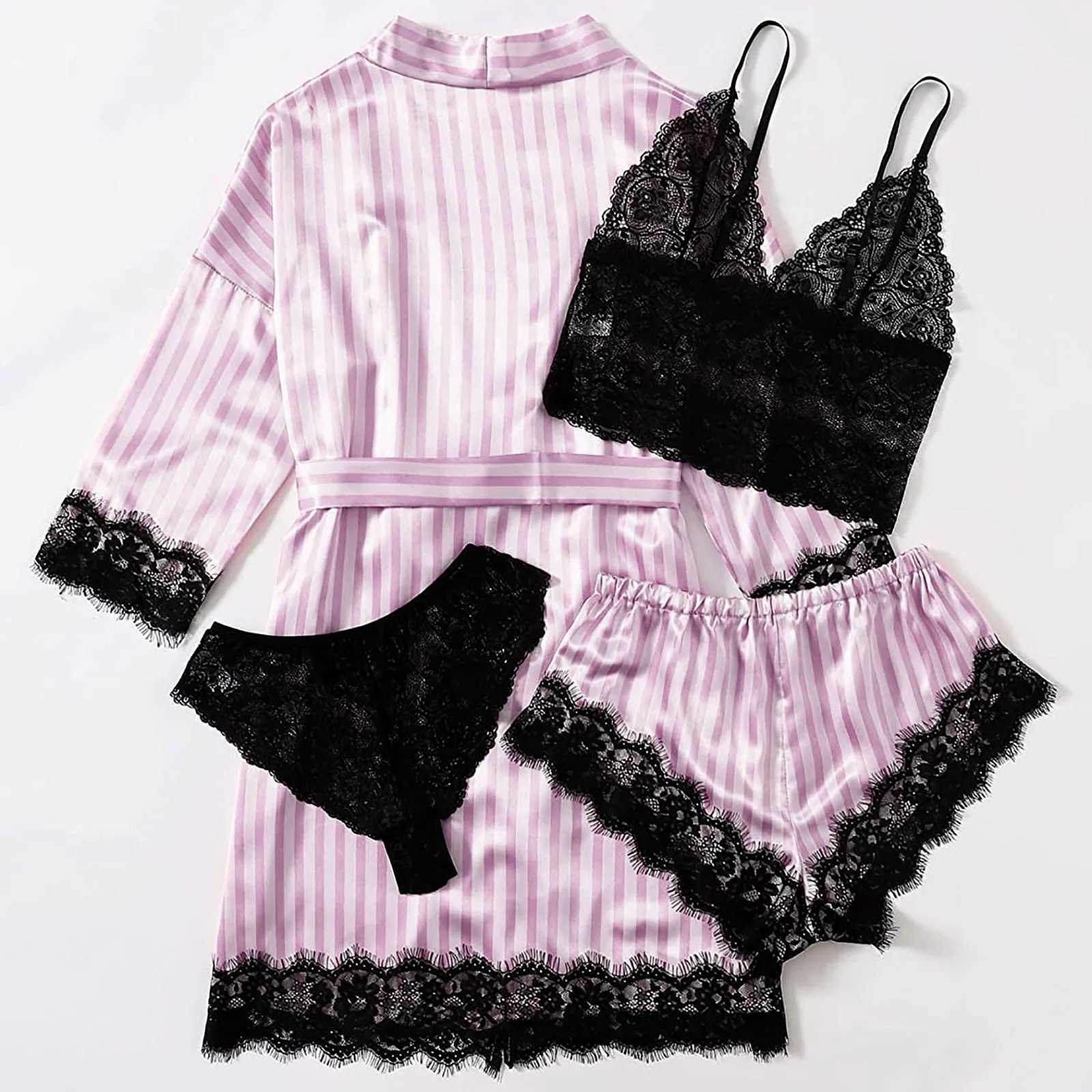 2023 Women Pajamas Sets Satin Spwear Silk 4 Pieces Nightwear Pyjama Strap Lace Sp Lounge Pajama with Chest Pads GiftsXJ250220