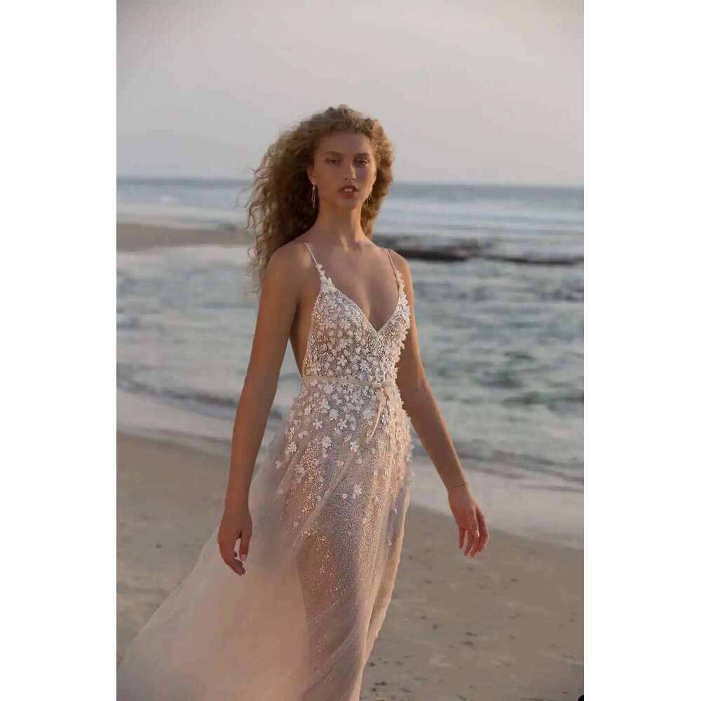 Elegant Wedding Dresses A-E V-Neck Appliques Sequins Sleeveless Backless Or-Length Bride Vestido De Noiva Customized 6660311