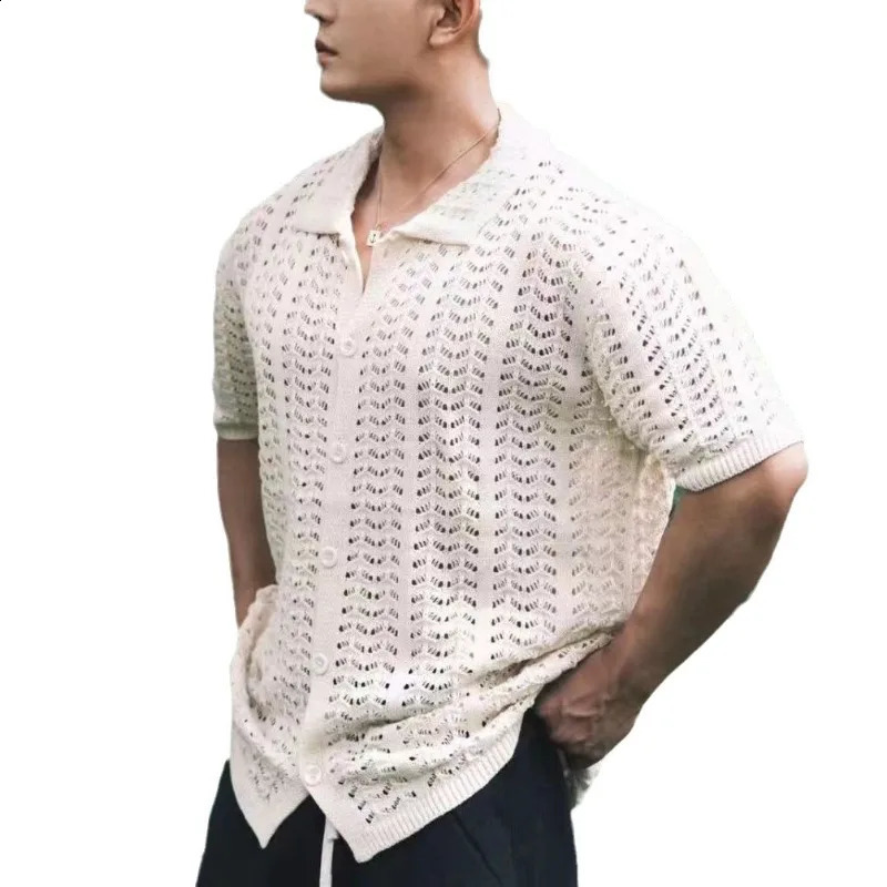 Mens summer solid color short sleeved loose casual mesh mens cut shirt 250219