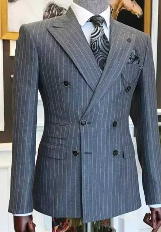 1 Pieces Grey Stripe Mens Suits For Groom Tuxedos Peaked Lapel Slim Fit Blazer Jacket Only Man Tailor Wear Clothing X250220