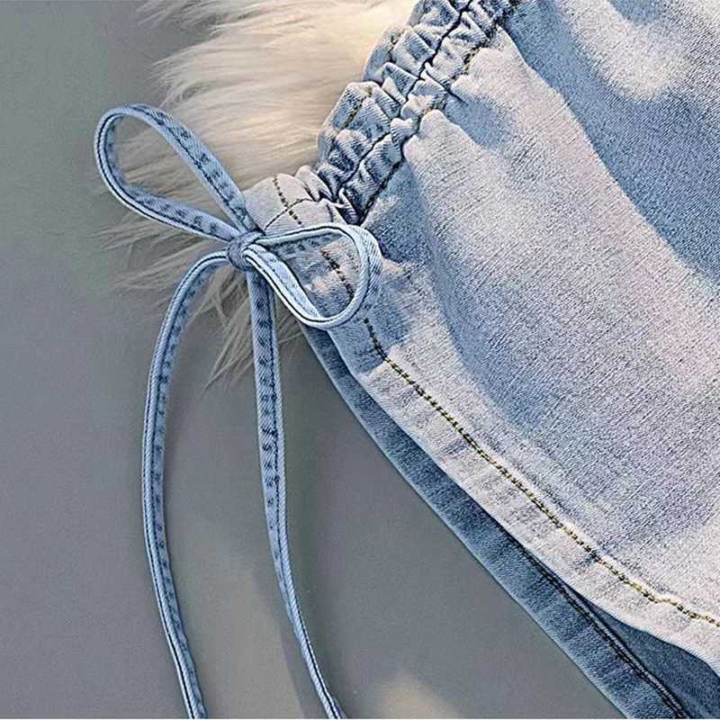 Women Chic Drawstring Pleated Denim Shorts High Waist A-line Jean Shorts With Pocket Casual Slim Bodycon Shorts Trousers SummerT250220