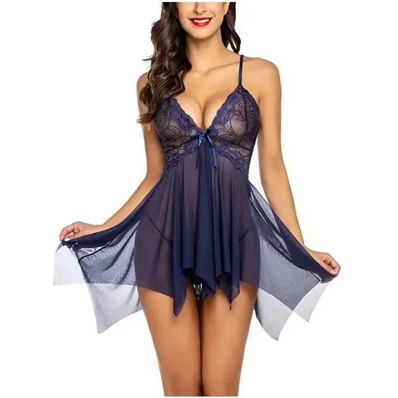 Sexy Lingerie Babydolls Women Erotic Pajamas Porn Lace Transparent Dress with Panties Set Sex Clothes Nighties SuitXJ250220