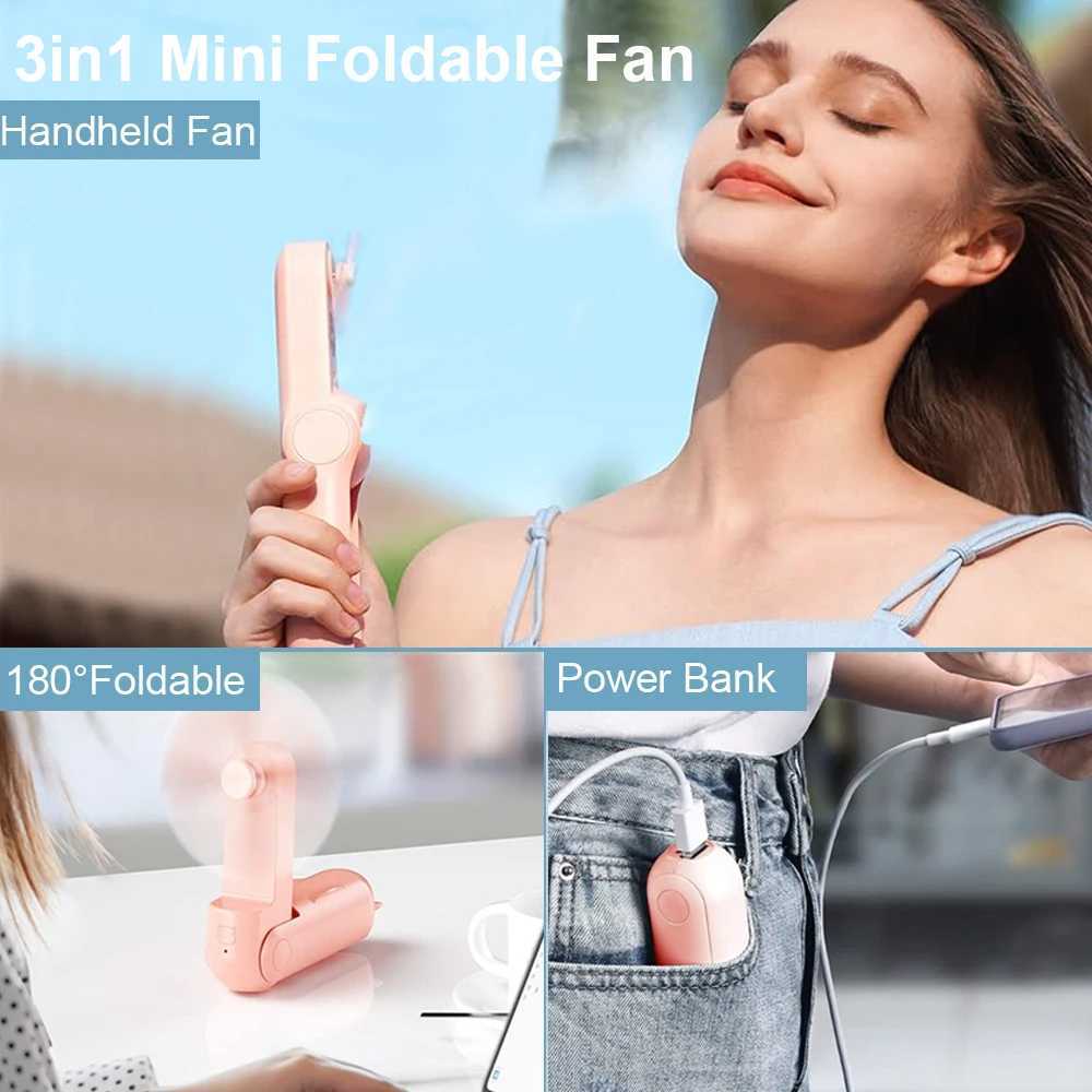 Electric Fans Portable Fan Mini Handheld Fan 2000mAh USB Rechargeable with Handy Power Bank Small Hand Held Foldable Pocket Fan for Travel H250220