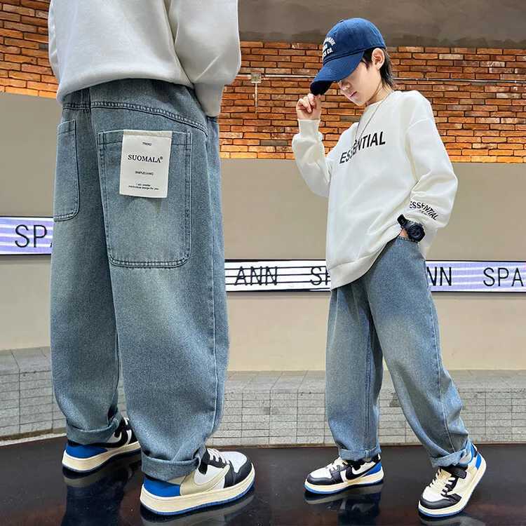 Korean version of boys street dance jeans wide leg pants childrens student jeans denim straight leg pants Z250220