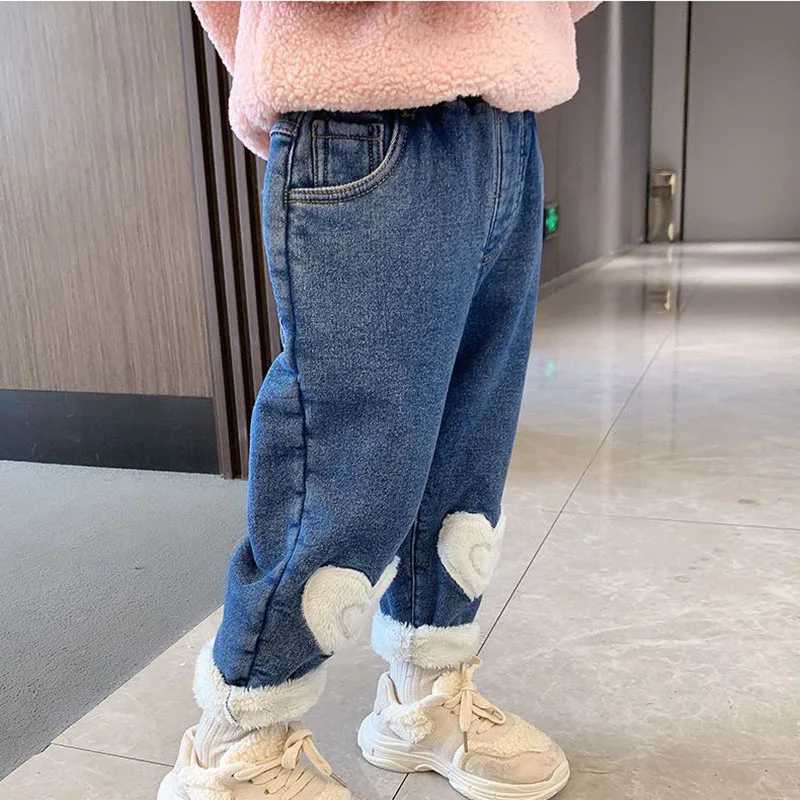 Winter velvet lined girls jeans thick elastic high waisted Vaqueros childrens warm denim harem pants plush childrens jeans Pantalones Z250220