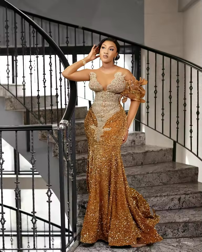 Elegant Gold Evening Dresses For Women Beading Sequin Mermaid Prom Gowns 2025 Birthday Party Dress Vestidos De Gala Customized