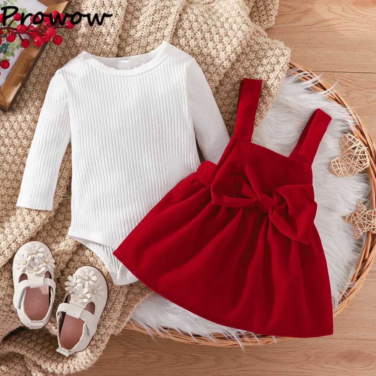Prowow newborn baby dress with Christmas ribbon knit jumpsuit and red velvet jacket suitable for babies my first New Years outfit X250220