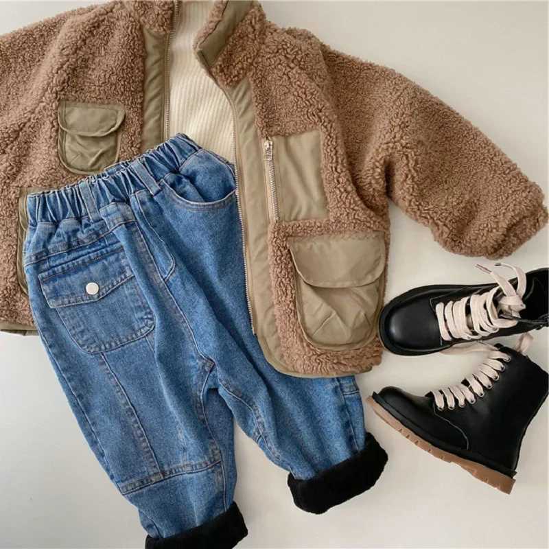 Boys Jeans Childrens Velvet Thick Winter Clothing Personized Front Pocket Warm Baby Casual Pants Kids Clothes Jeans For Girls Z250220