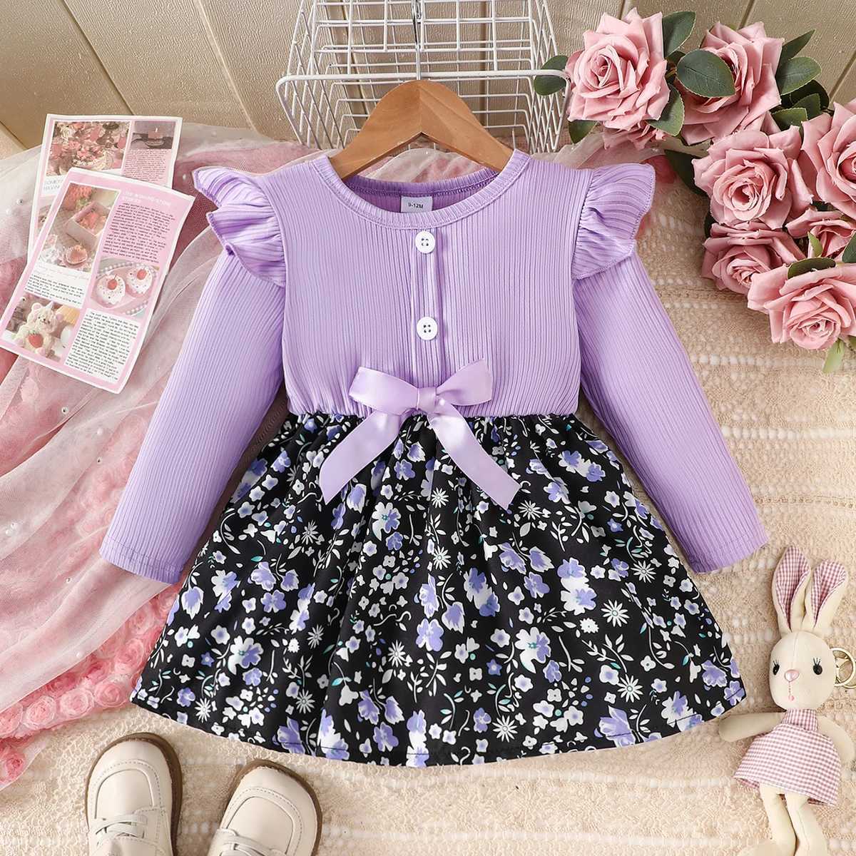 New baby girl long sleeved round neck casual simple printed dress X250220