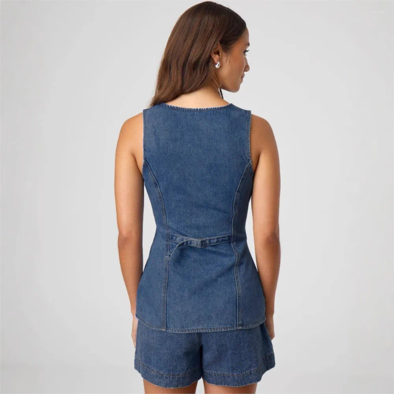 Womens Tracksuits Vintage Blue Denim Sleeveless Single Breasted Tops Suit Summer 2025 Jean Jacket Top Shorts Sets 2 Piece