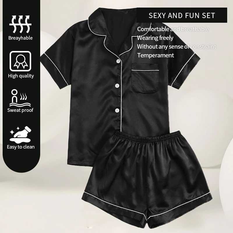 Summer New Fashion Solid Color Satin Pajama Set Womens Flip Tie Button Shirt Top and Elastic Shorts Pajama SetXJ250220