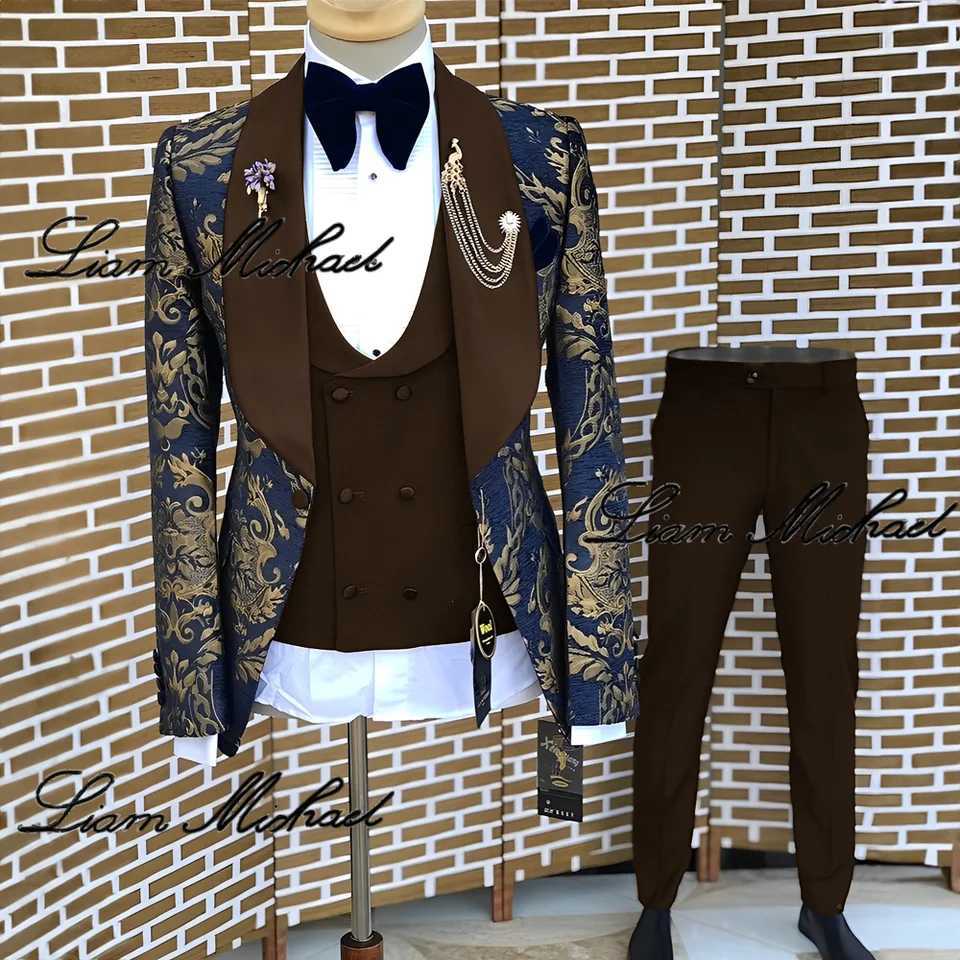 Bronzing Mens Suit Blazer Wedding Groom Tuxedo 3-piece Blue Formal Party Dress XS-5XL Elegant Mens Custom Set X250220