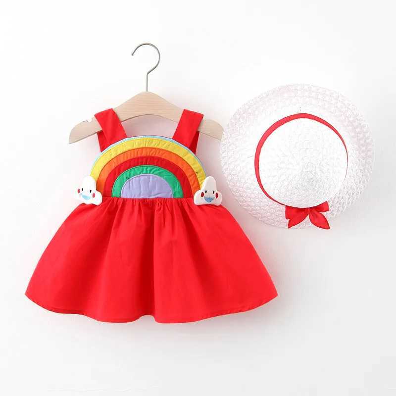 2-piece summer childrens girls dress comfortable rainbow cotton baby dress high-quality childrens clothing hat free childrens clothing X250220