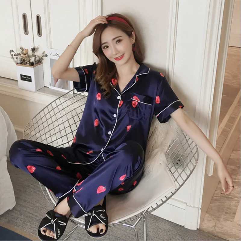 New Woman Satin Silk Pajama Sets Casual Loose Short Sve Tops+Long Pants 2Pcs Suit Pyjimas Soft Spwear Home ClothesXJ250220