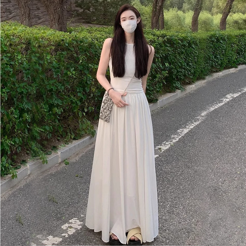 CW640 waist 2025 black Hepburn style long skirt sleeveless vest short sleeve skirt cotton high-end summer dress
