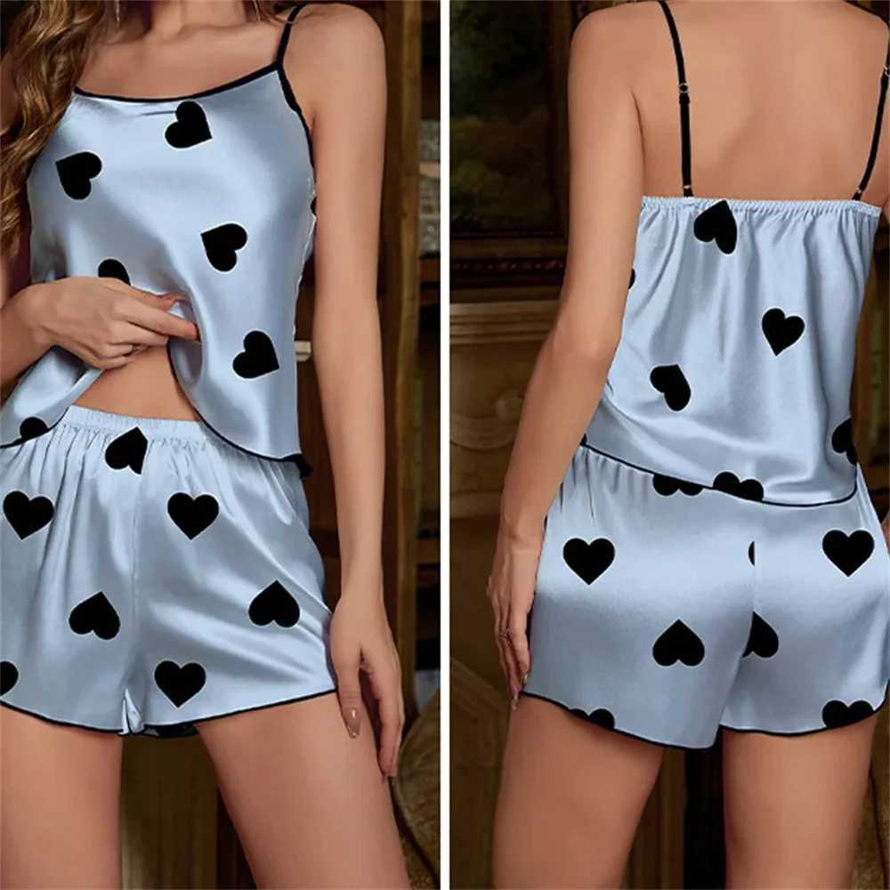 Womens Pajama Set Pajamas T-Shirts Shorts Pink Heart-Shaped Print Round Neck T-Shirt Ice Silk Top Comfortable Casual Summer XJ250220