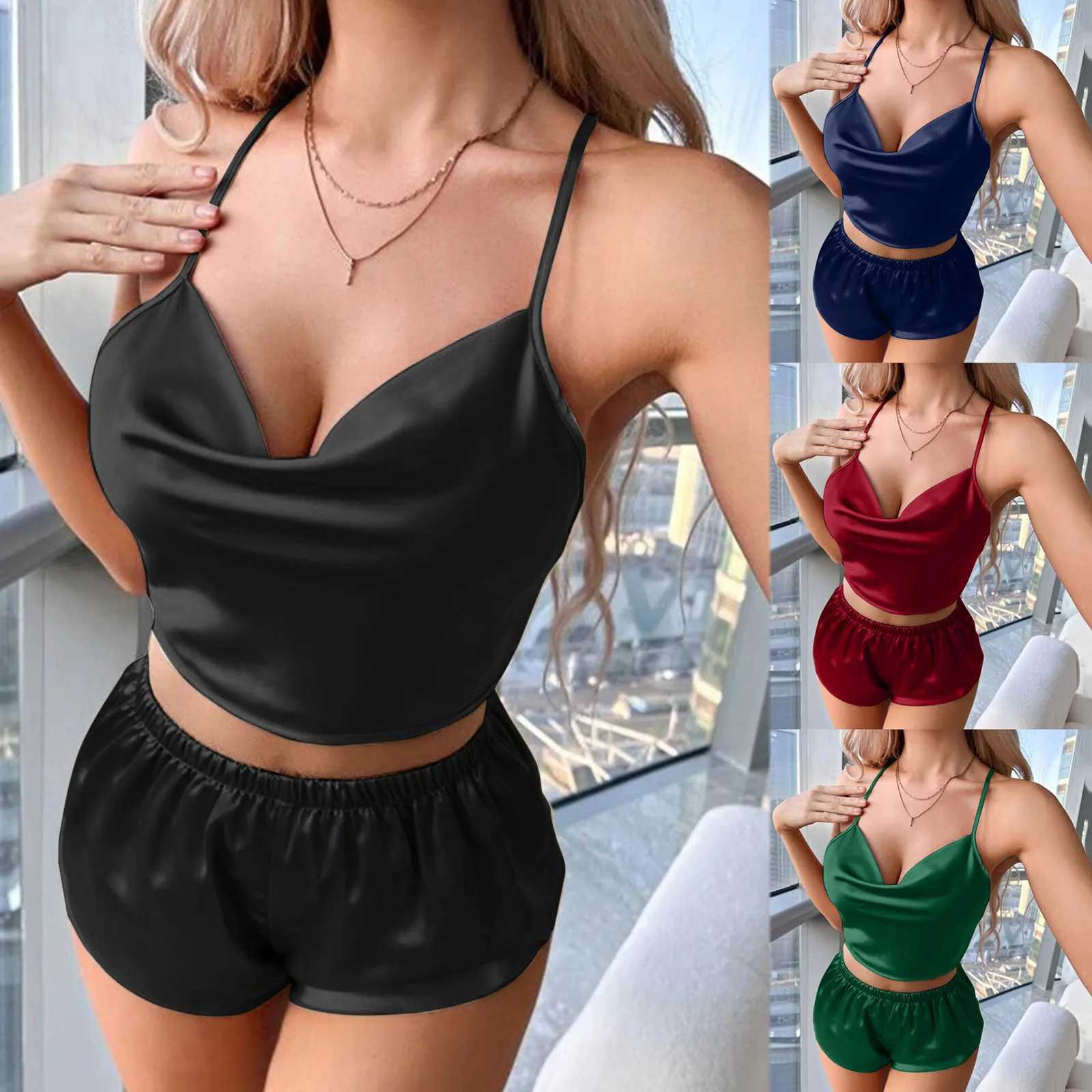 Womens 2pcs Sexy Silk Satin Ruffled Pajamas Sets Low V Neck Spwear Satin Pajamas Shorts Set Womens Backless Night WearXJ250220