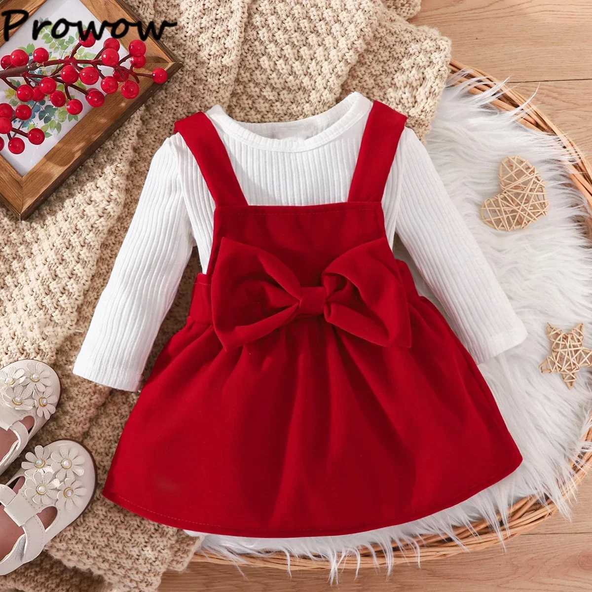 Prowow newborn baby dress with Christmas ribbon knit jumpsuit and red velvet jacket suitable for babies my first New Years outfit X250220