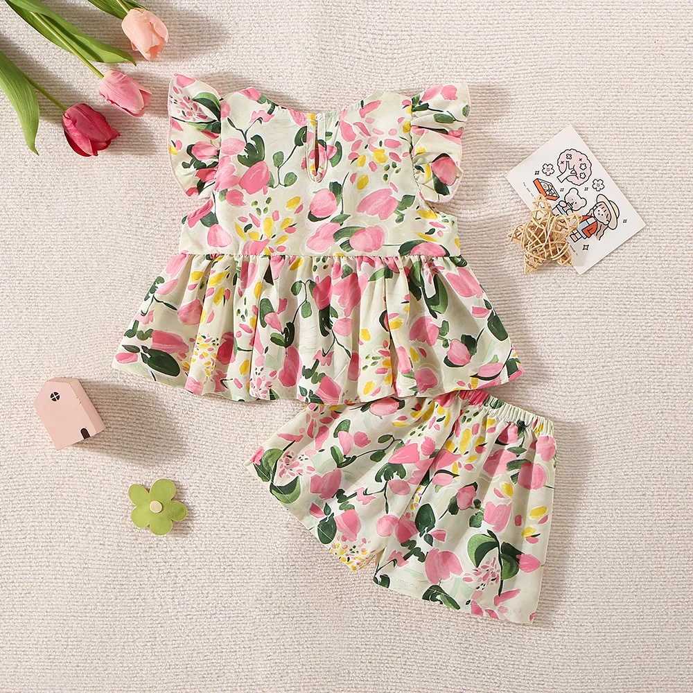 (0-3 Years Old) Summer Baby Girl Peach Print Bow Fly Sleeve Top And Shorts Set Girl Cute Cotton Two-Piece Set X250220