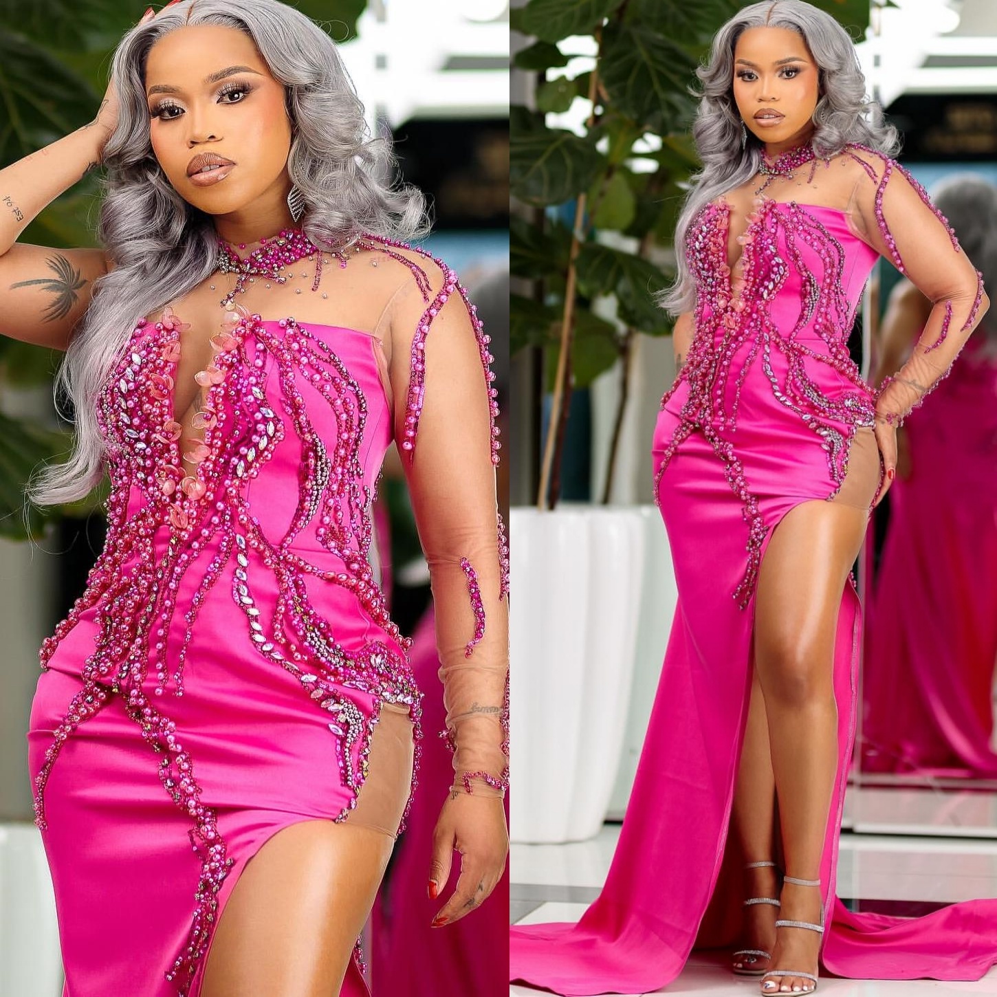 Fuchsia Mermaid Prom Dresses 2025 Crystals Beaded Satin High Split Evening Formal Party Second Birthday Engagement Gowns Plus Size Dress For Special O