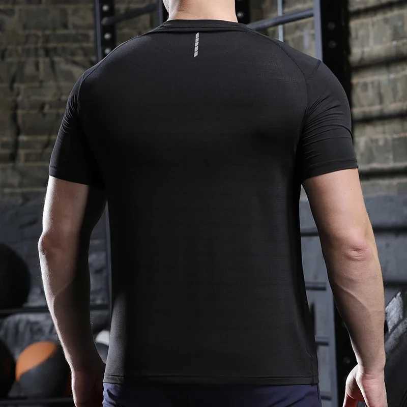Mens thin ice silk top running short sleeved sports T-shirt gym fitness muscle training sportswear dry fitness tight fitting track and field clothes W
