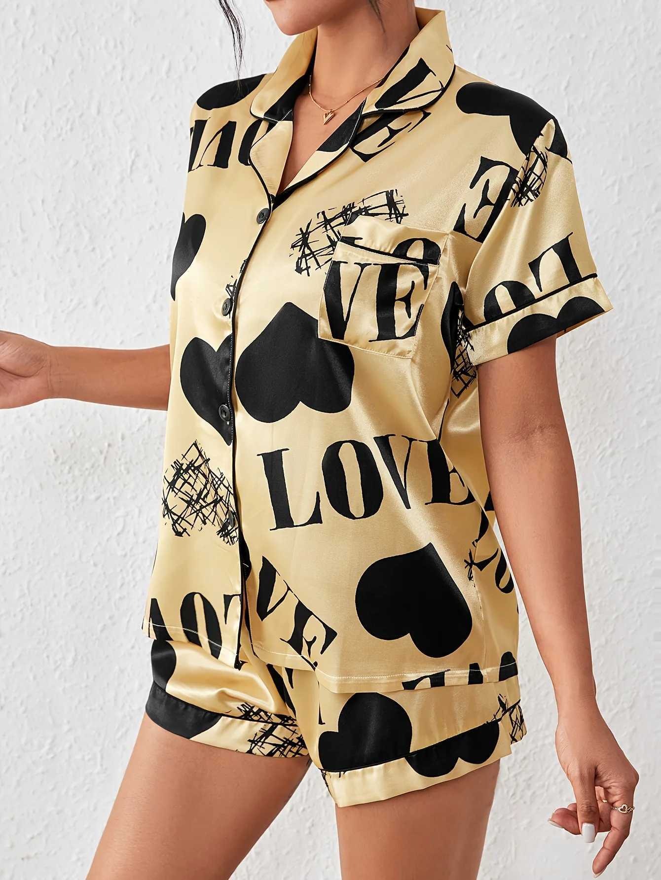 Heart Letter Print Satin Pajama Set Casual Short Sve Buttons Lapel Top Elastic Shorts Womens SpwearXJ250220