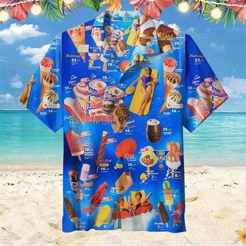 Cold Ice Cream Graphic Hawaiian Shirt Men 3D Printed Popsicle Shirts Summer Street Button Short Sleeves Beach Lapel Blouse Tops W250220