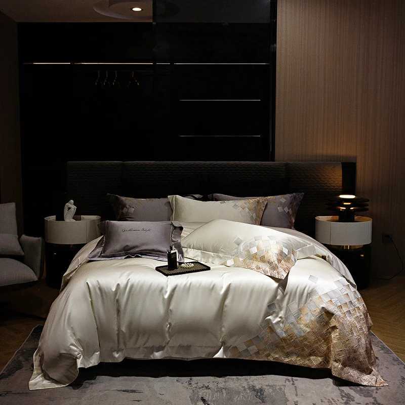 4Pcs Satin Brocade Egyptian Cotton Luxury Embroidery Bedding Set Pearl White/Grey Duvet Cover Bed Sheet/Fitted Sheet PillowcasesXJ250220