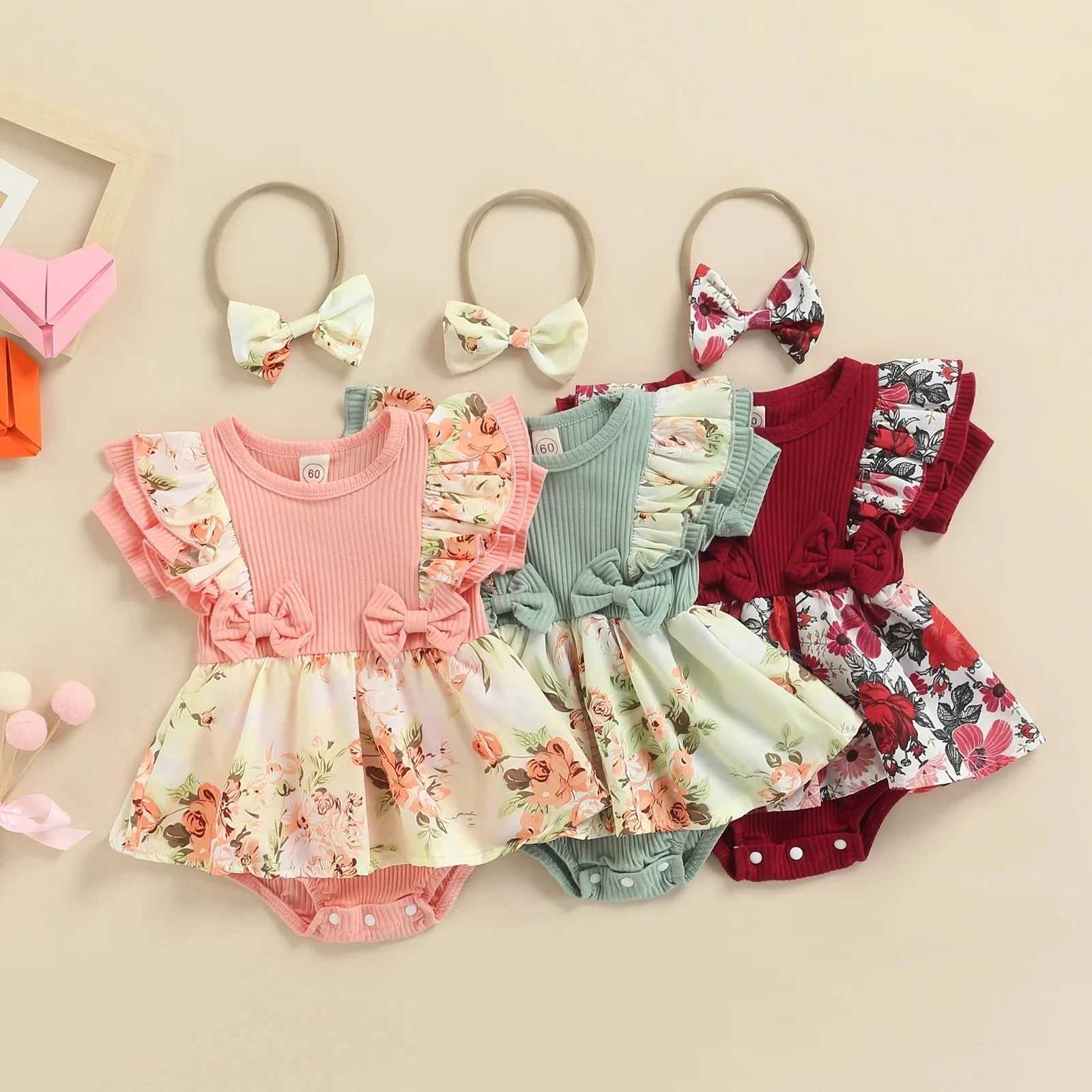 Summer Infant Baby Girls Dress Flying Sleeve Bodysuit + Bow Headband Flower Pattern Ruffle Sweet Style Clothing X250220