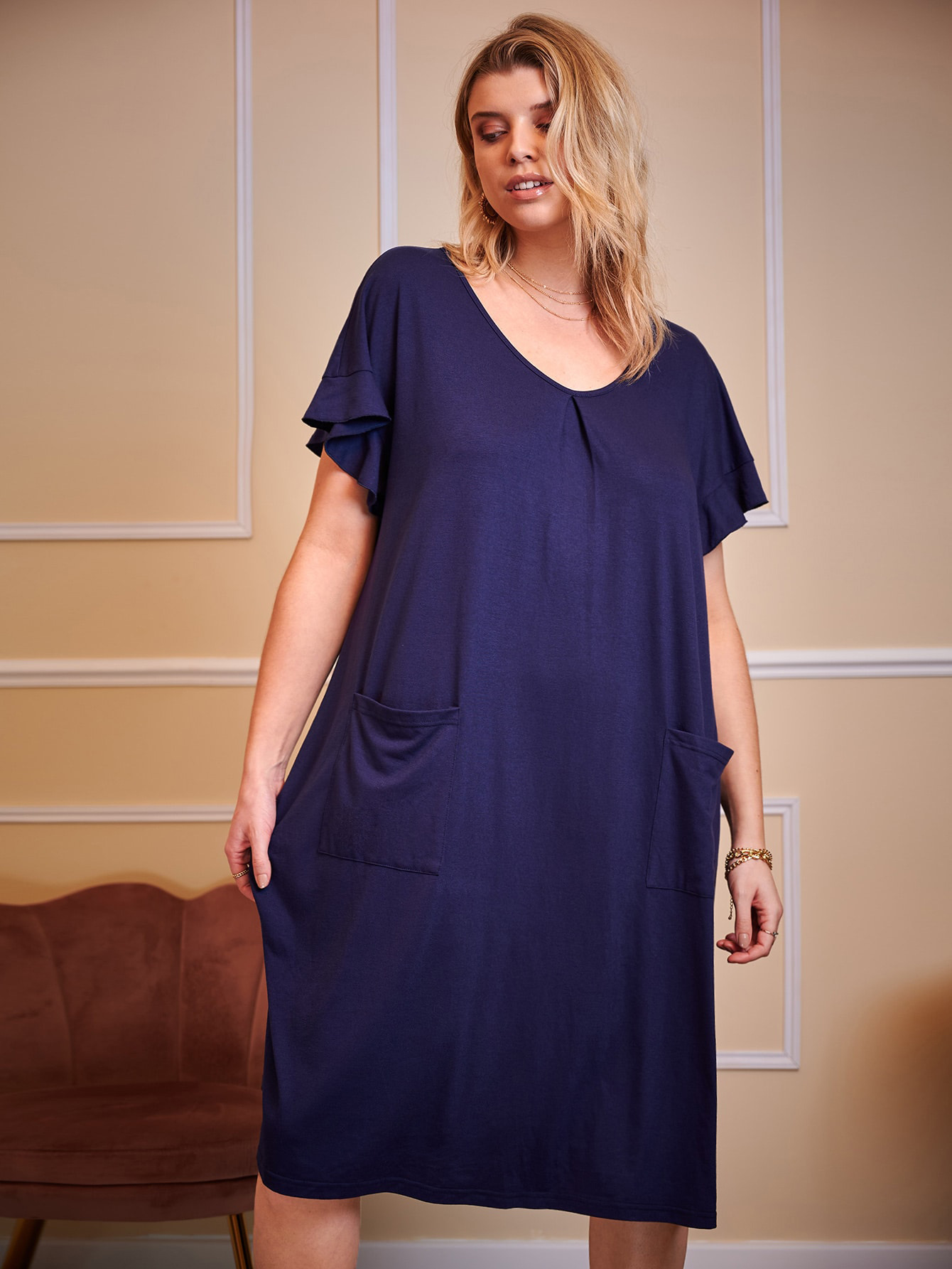 B711-Summer cross-border European and American plus size women's nightdress cotton short-sleeved loose round neck pocket home clothes long skirt 