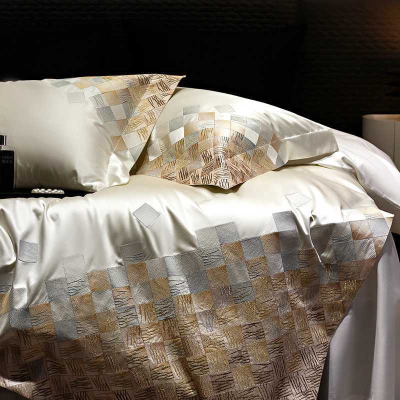 4Pcs Satin Brocade Egyptian Cotton Luxury Embroidery Bedding Set Pearl White/Grey Duvet Cover Bed Sheet/Fitted Sheet PillowcasesXJ250220